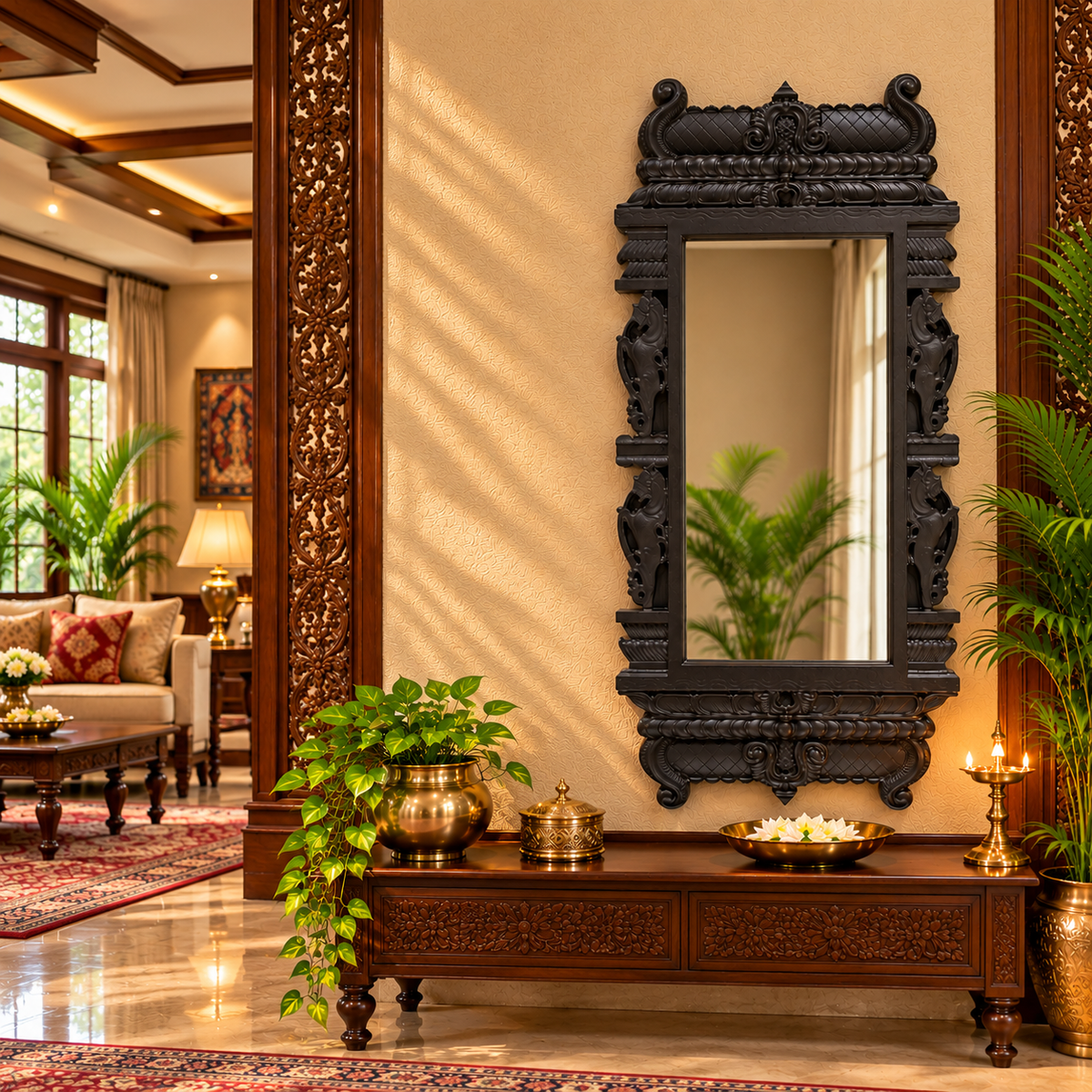 Regular Acrylic Mirror with Yali-Inspired Temple Frame | Traditional Wall Mirror in Waterproof Engineered Wood | ESTUDIO