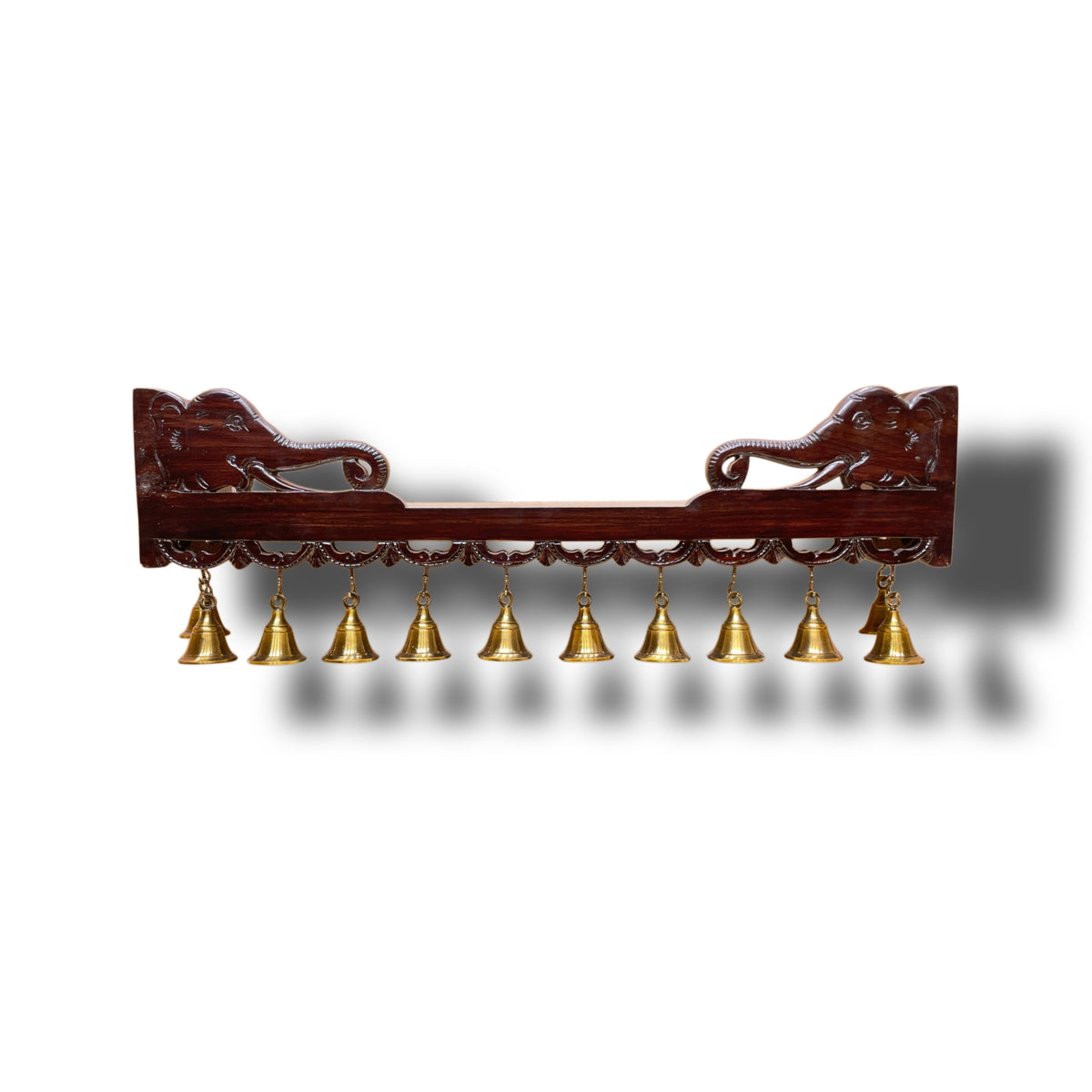 Brass Asthalakshmi 9 Frame Wall Art with Diya Bell Pair & Elephant Rosewood Stand | Estudio