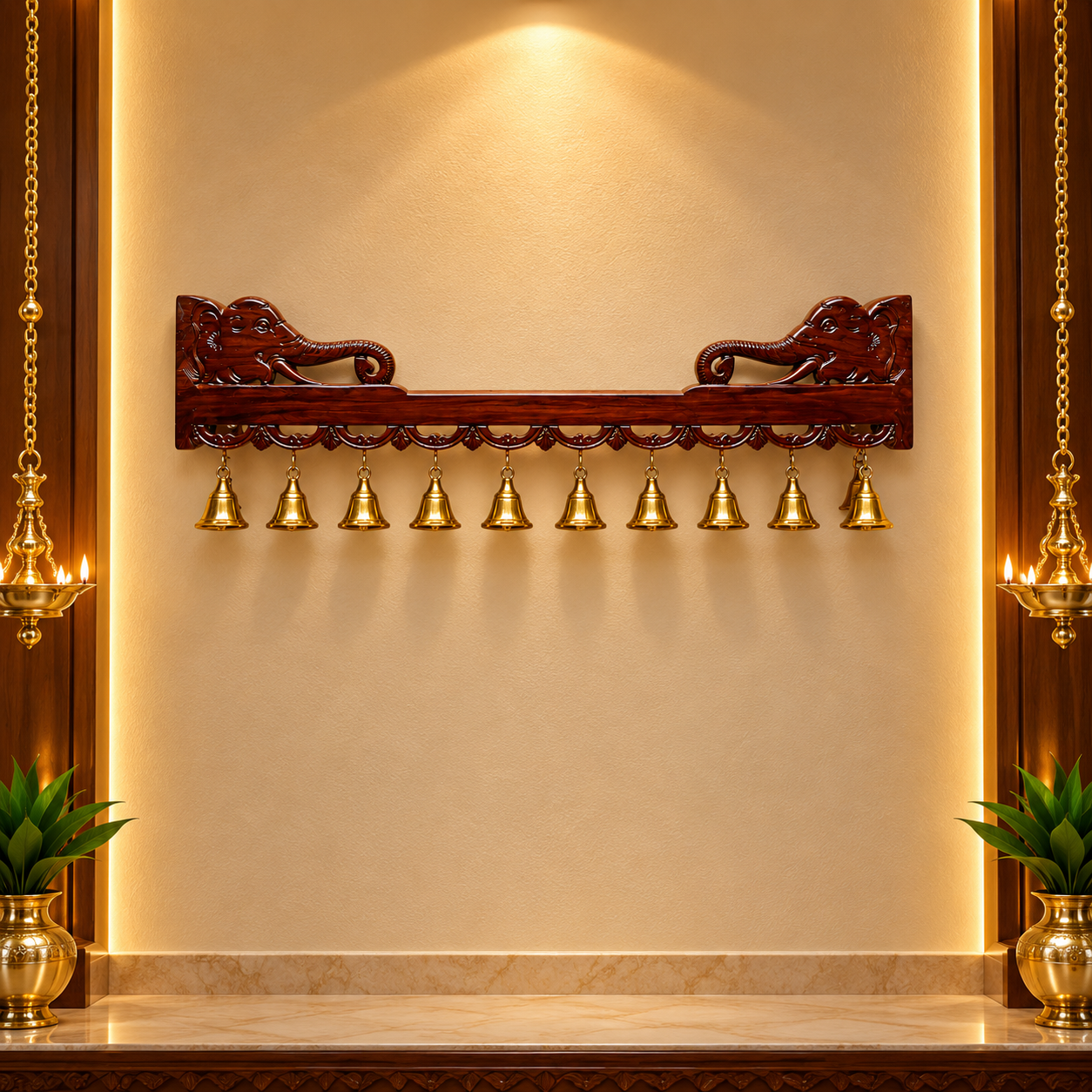 Brass Asthalakshmi 9 Frame Wall Art with Diya Bell Pair & Elephant Rosewood Stand | Estudio