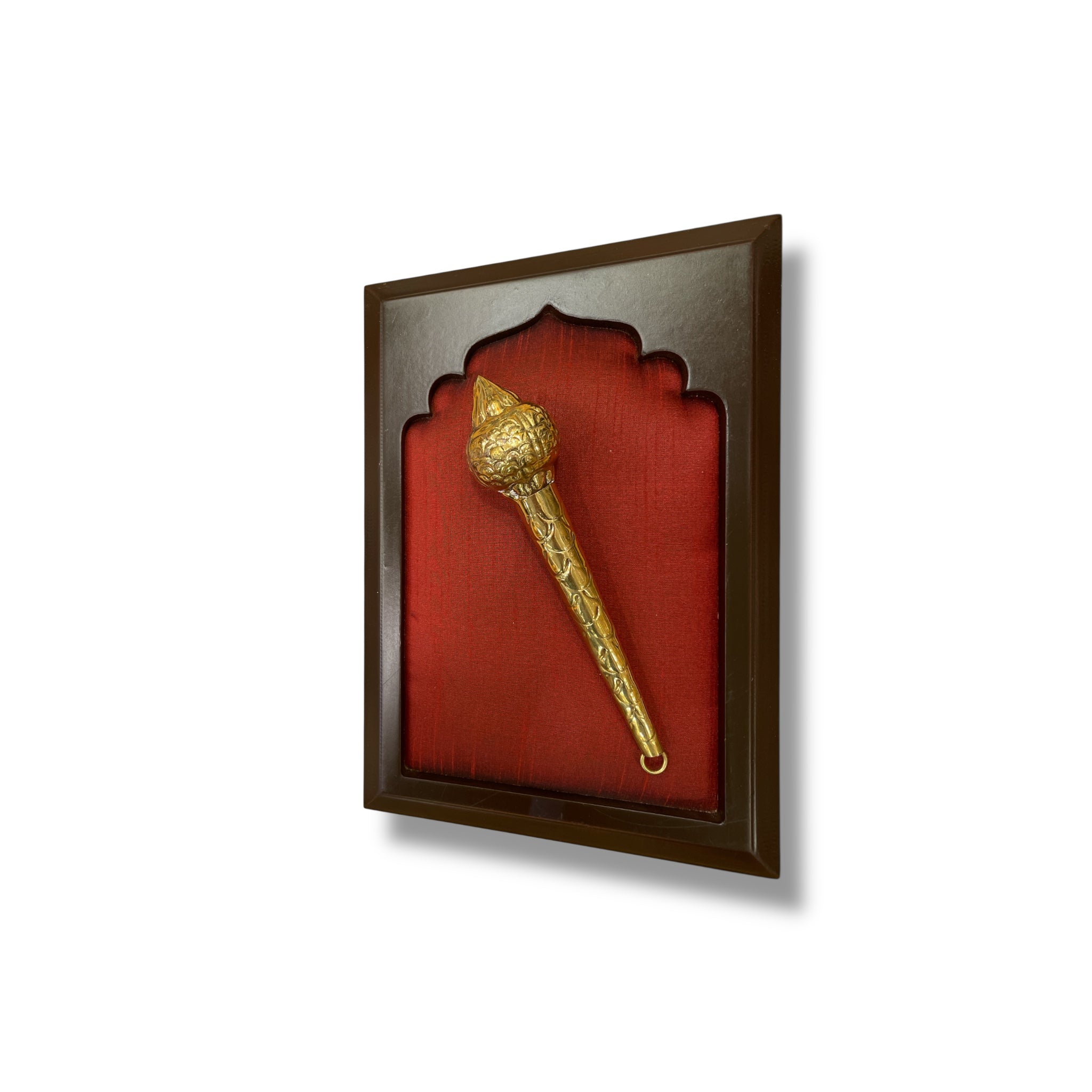 Brass Gadha on Red Silk in Wooden Frame