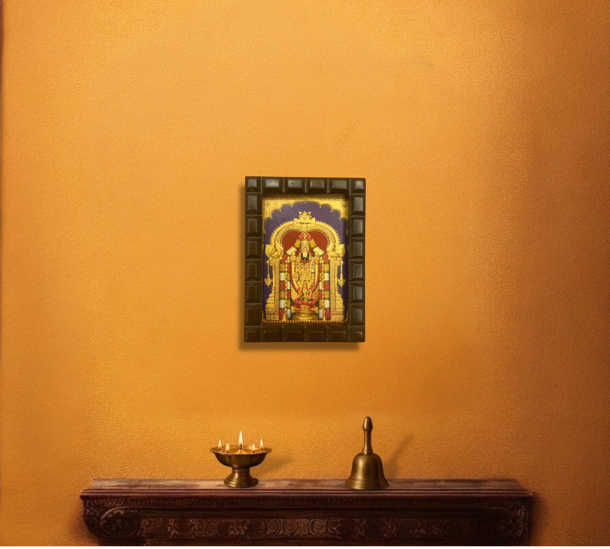 Tirupati Balaji Gold Leafed Art With Wooden Frame