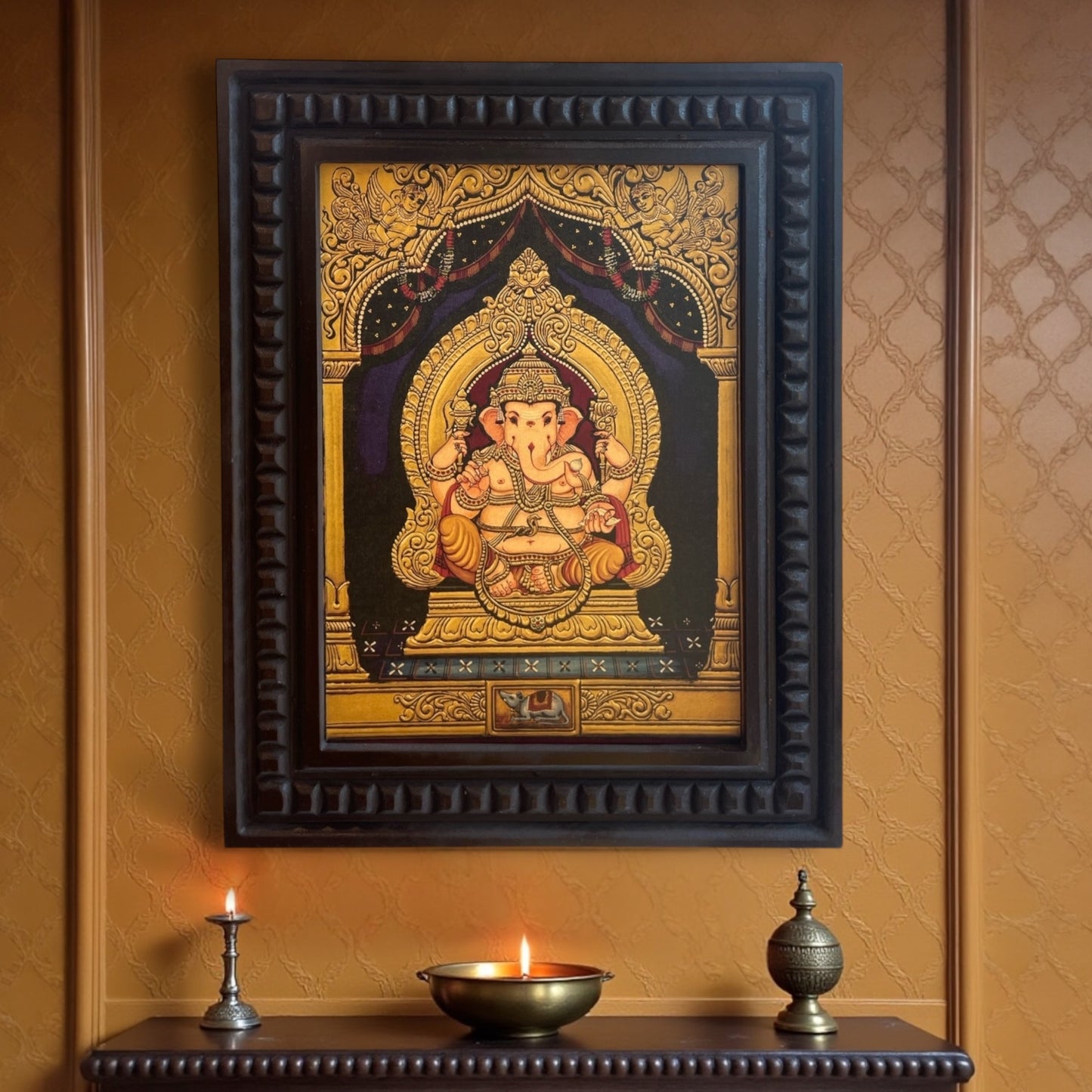 Shree Ganesha Gold Leafed Art With Wooden Frame