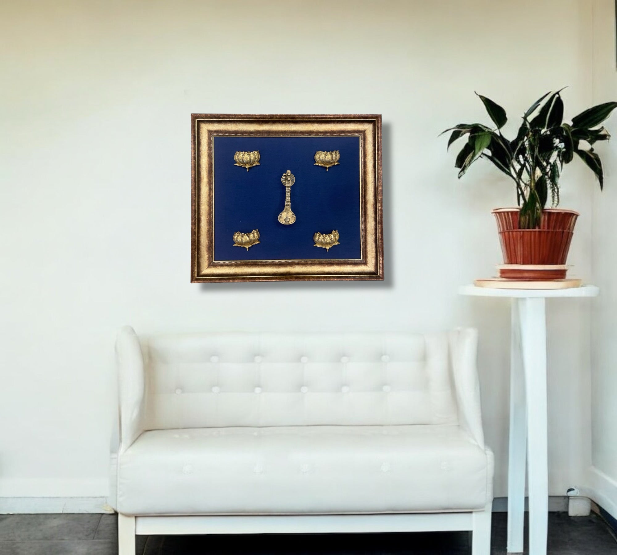 Brass Veena & Lotus with Blue backdrop in moulded frame