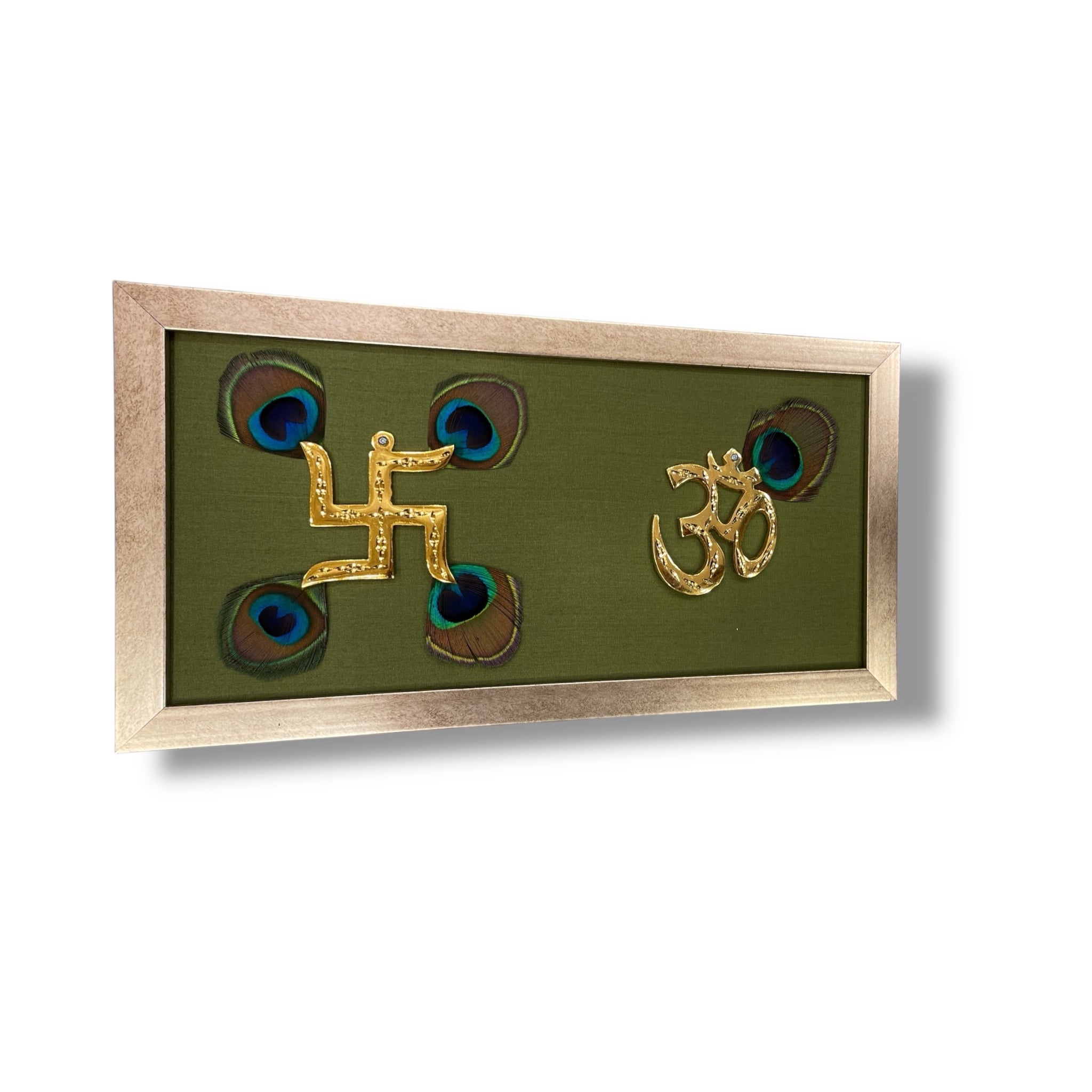 Brass Swastik & Om with Peacock Feathers on Green Silk in Antique Gold Frame