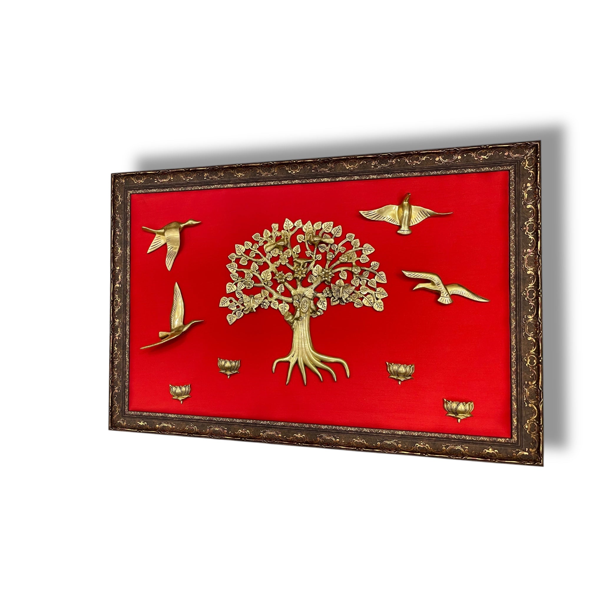 Brass Kalpavriksha with Birds & Lotus on Red Silk in Moulded Frame