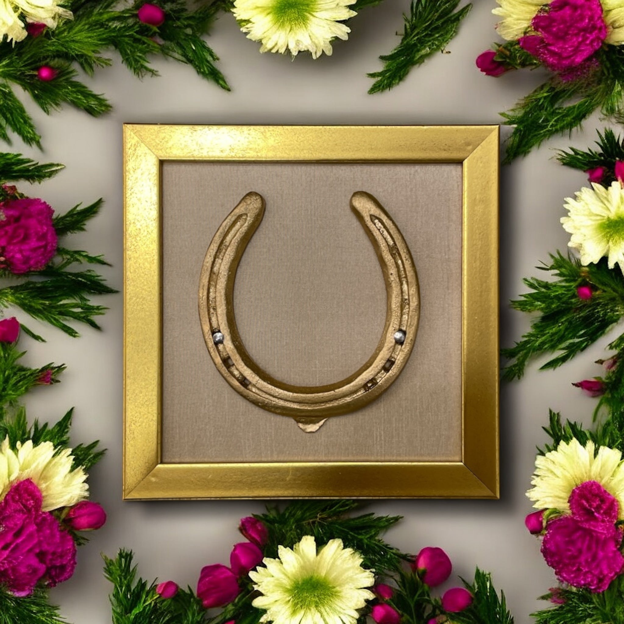 Good luck brass horse shoe with beige silk background