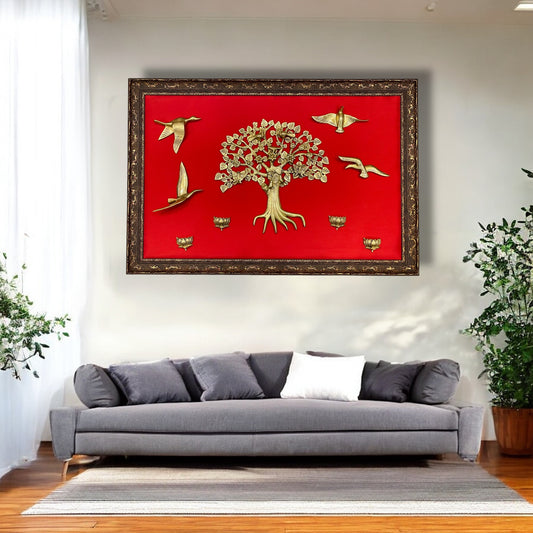Brass Kalpavriksha with Birds & Lotus on Red Silk in Moulded Frame