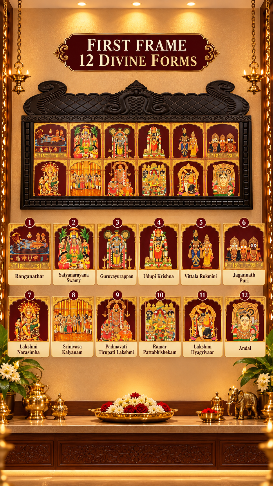 36 Gods in 3 Frames | Premium Gold Leaf Divine Artwork | Temple Style Waterproof Engineered Wooden Frames | Made by Estudio
