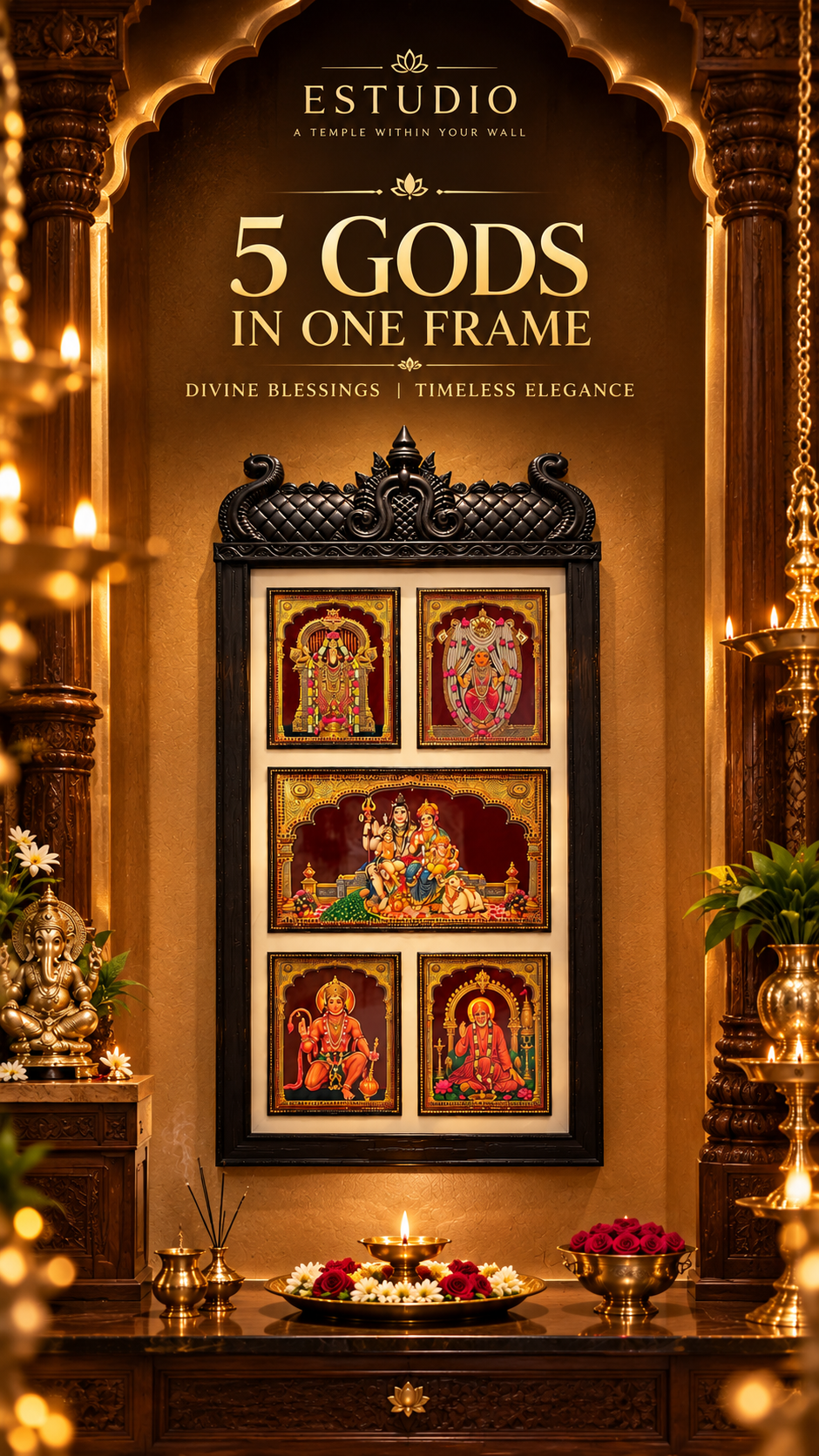 5 Gods in One Frame Gold Leaf Art with Temple Style Engineered Wooden Frame