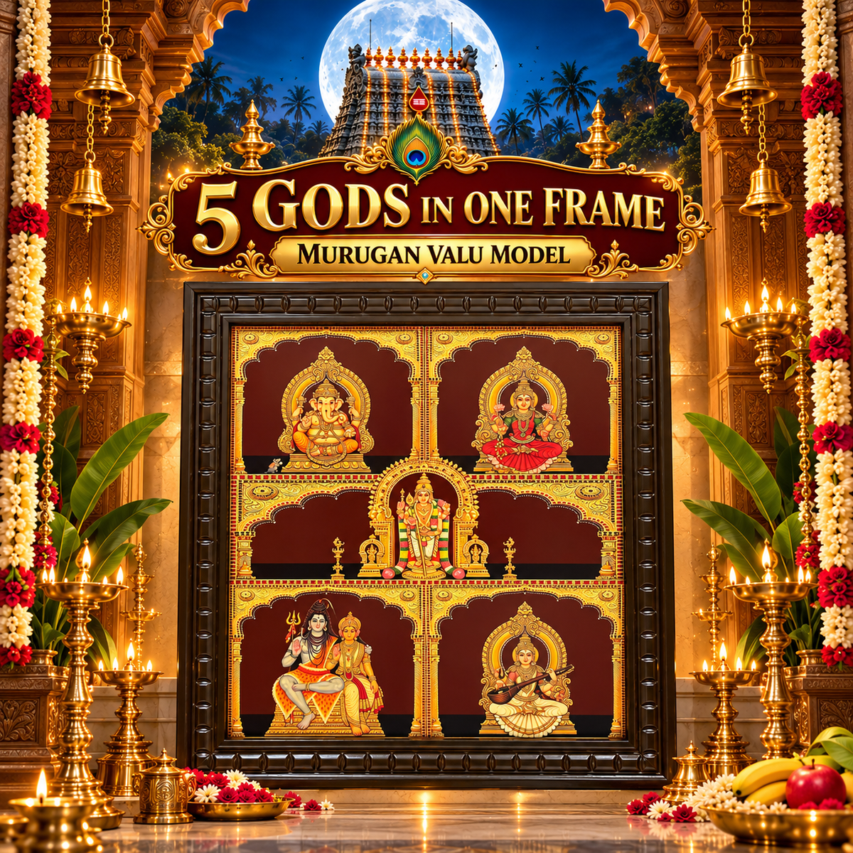 5 GODS IN ONE FRAME – LORD MURUGAN DIVINE GOLD LEAF ART | PREMIUM POOJA ROOM DÉCOR