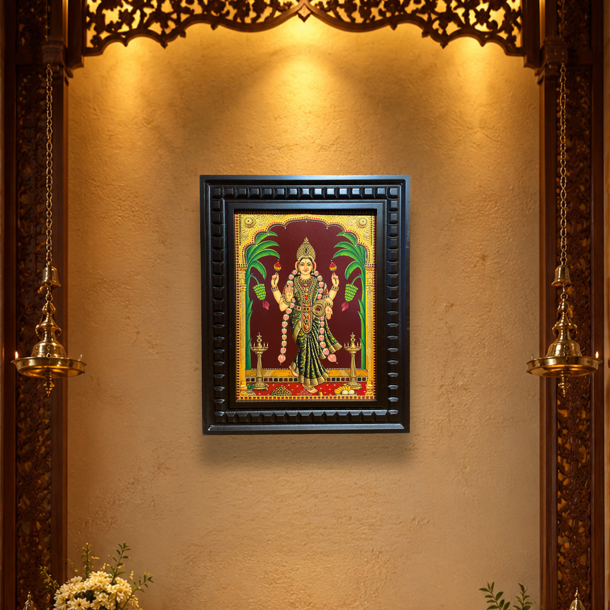 Graha Lakshmi Wall Art | Premium Gold Leaf Hindu Goddess Painting | Luxury Pooja Room Decor | Handcrafted Wooden Frame by ESTUDIO
