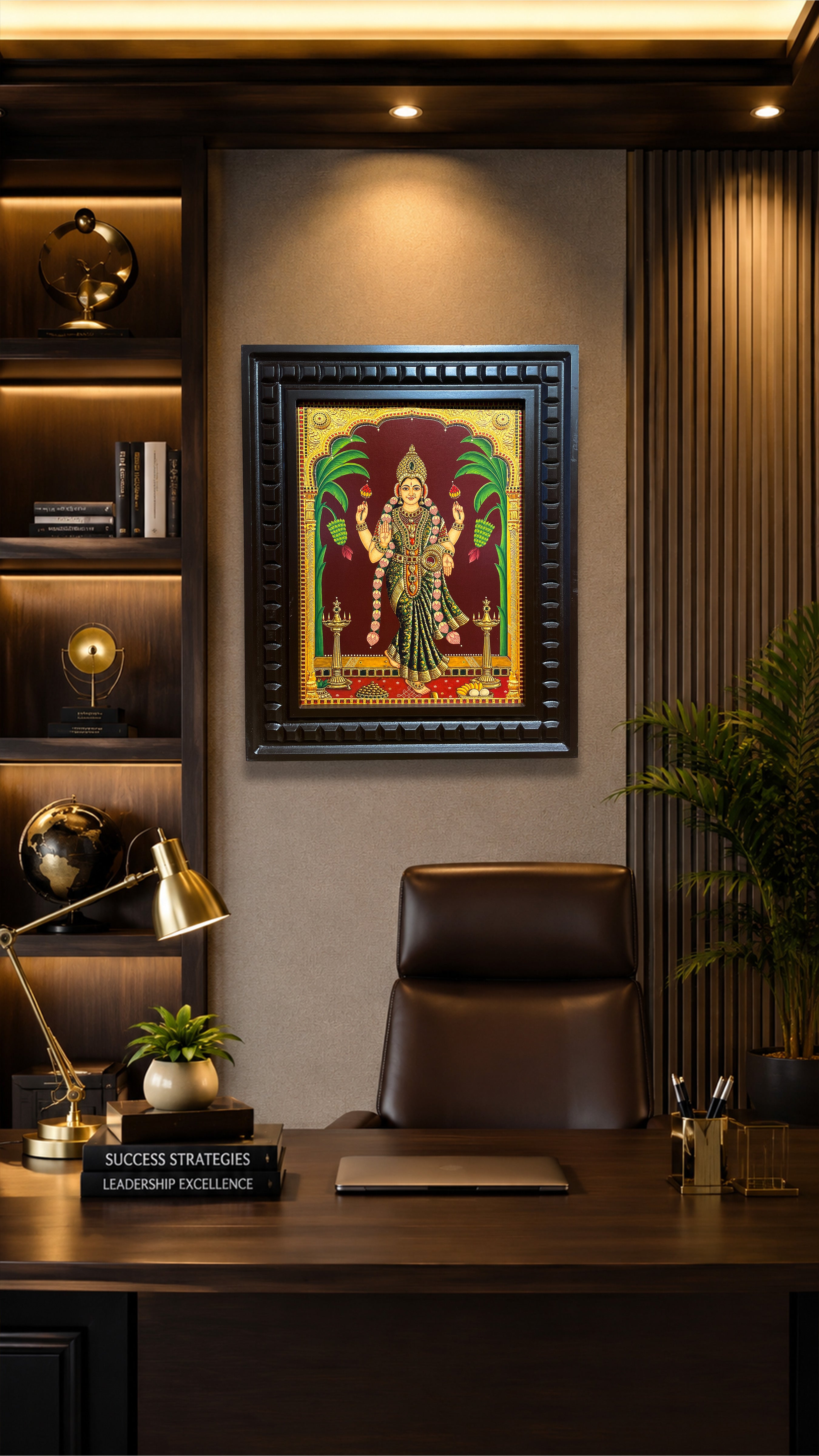 Graha Lakshmi Wall Art | Premium Gold Leaf Hindu Goddess Painting | Luxury Pooja Room Decor | Handcrafted Wooden Frame by ESTUDIO
