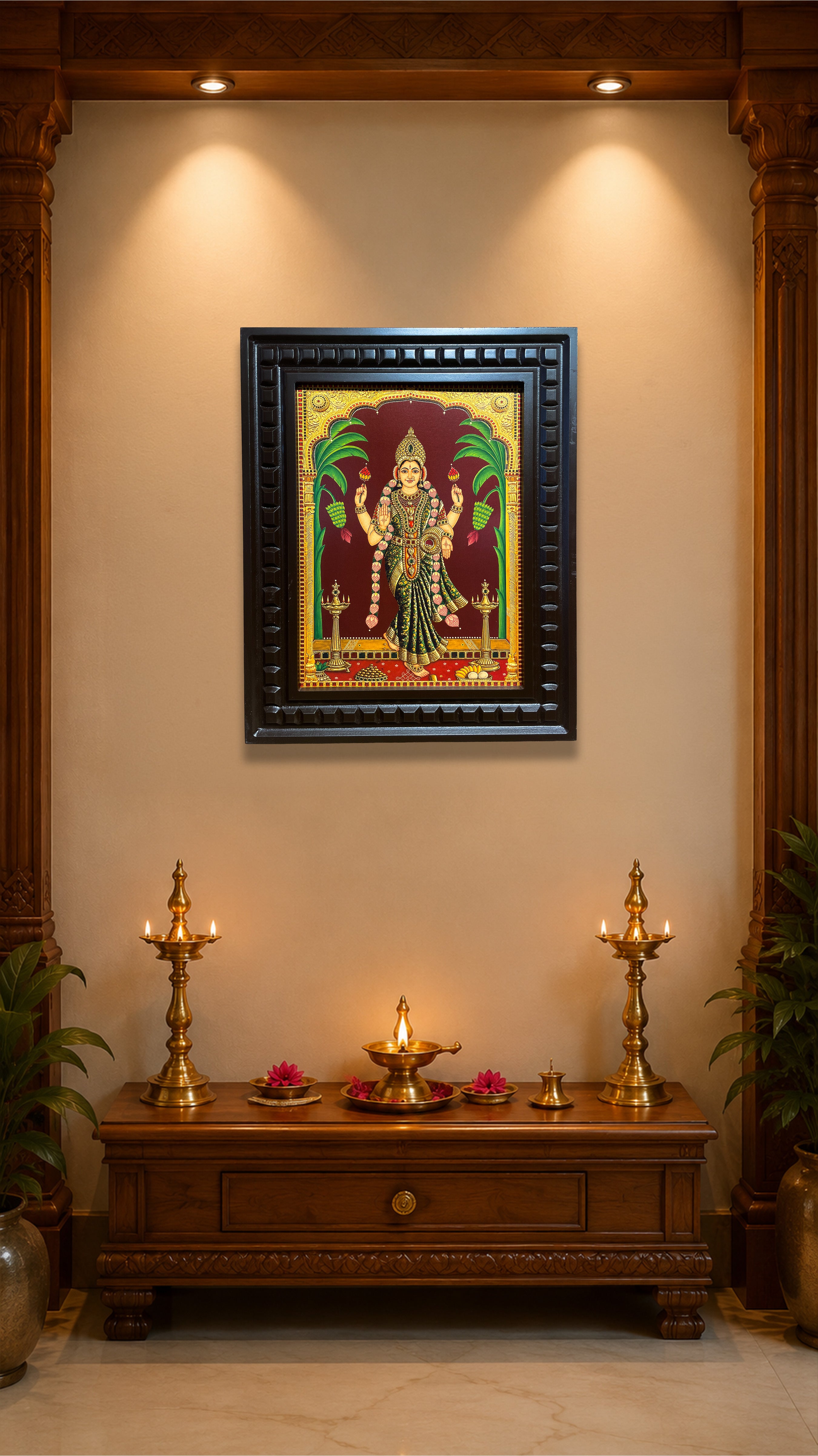 Graha Lakshmi Wall Art | Premium Gold Leaf Hindu Goddess Painting | Luxury Pooja Room Decor | Handcrafted Wooden Frame by ESTUDIO