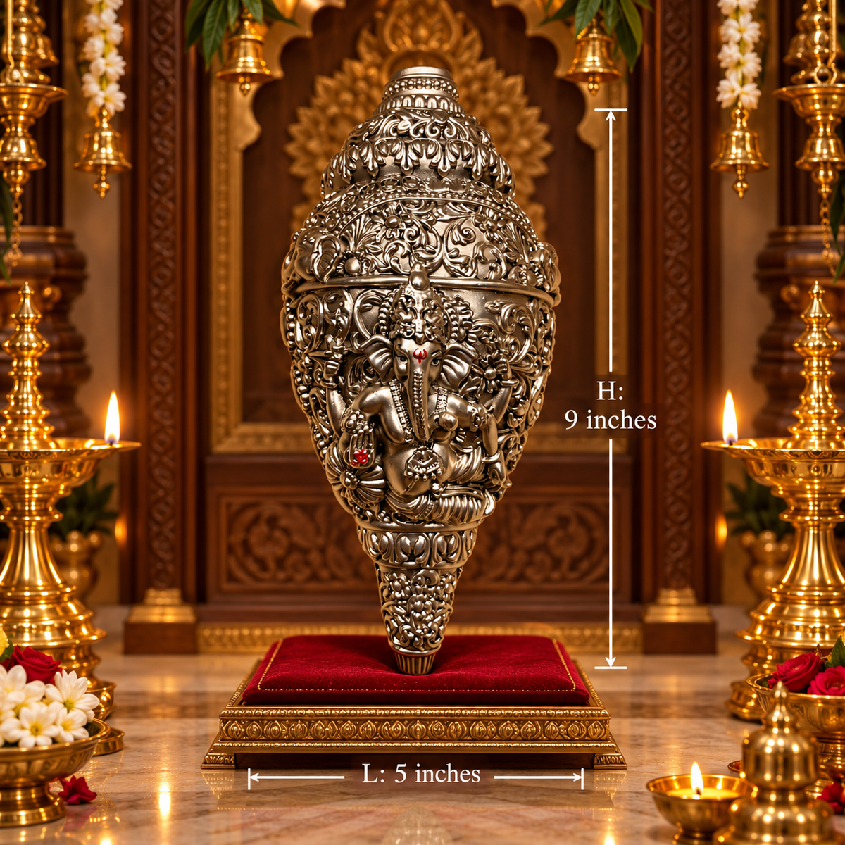 92.5 Sterling Silver Ganesh Shankh | Divine Ganpati Conch Wall Decor | Luxury Spiritual Home Decor by Estudio