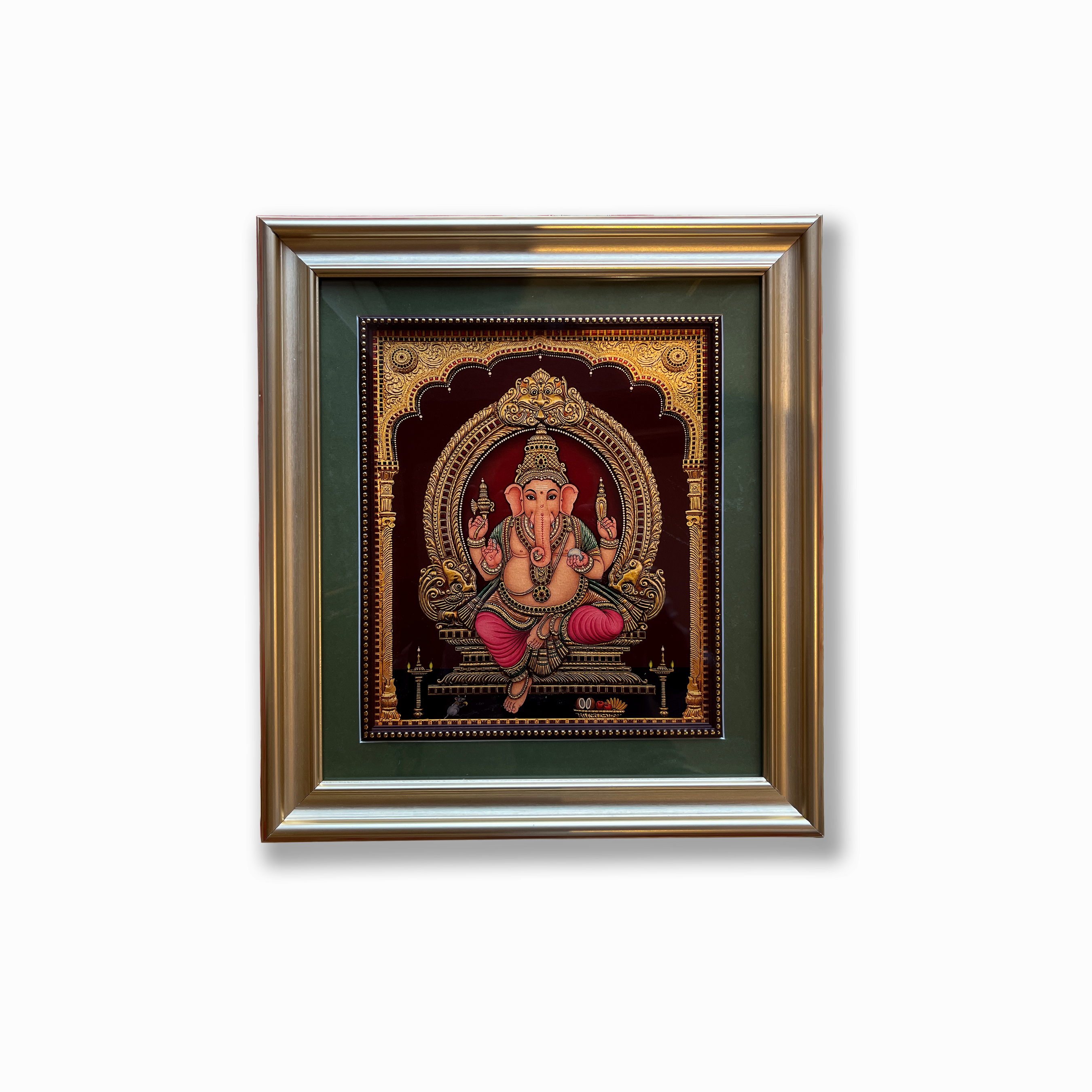 Lord Ganesha Gold Leaf Artwork | Luxury Gold Resin Frame with Green Mount & Inner Beading