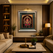 Lord Ganesha Gold Leaf Artwork | Luxury Gold Resin Frame with Green Mount & Inner Beading