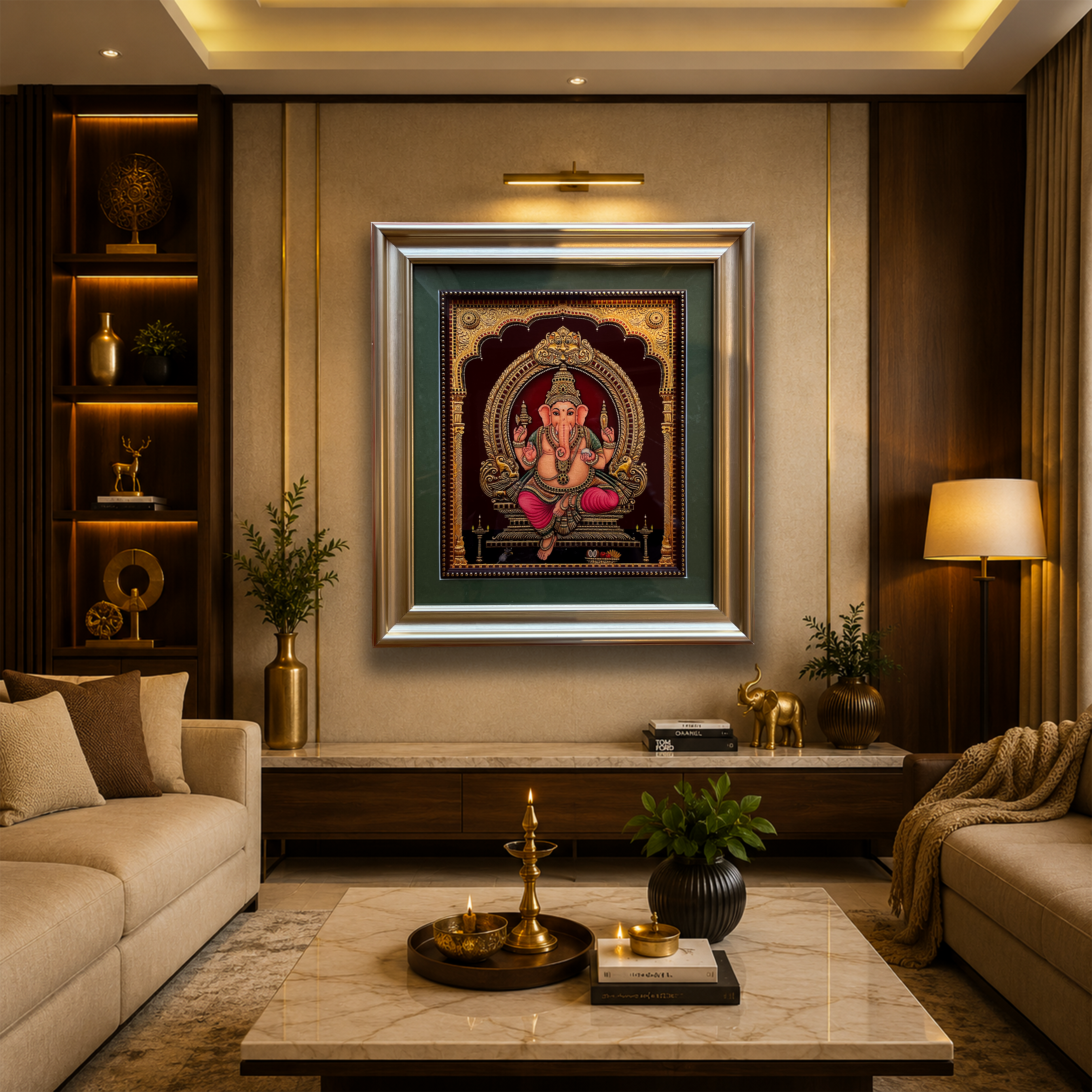 Lord Ganesha Gold Leaf Artwork | Luxury Gold Resin Frame with Green Mount & Inner Beading