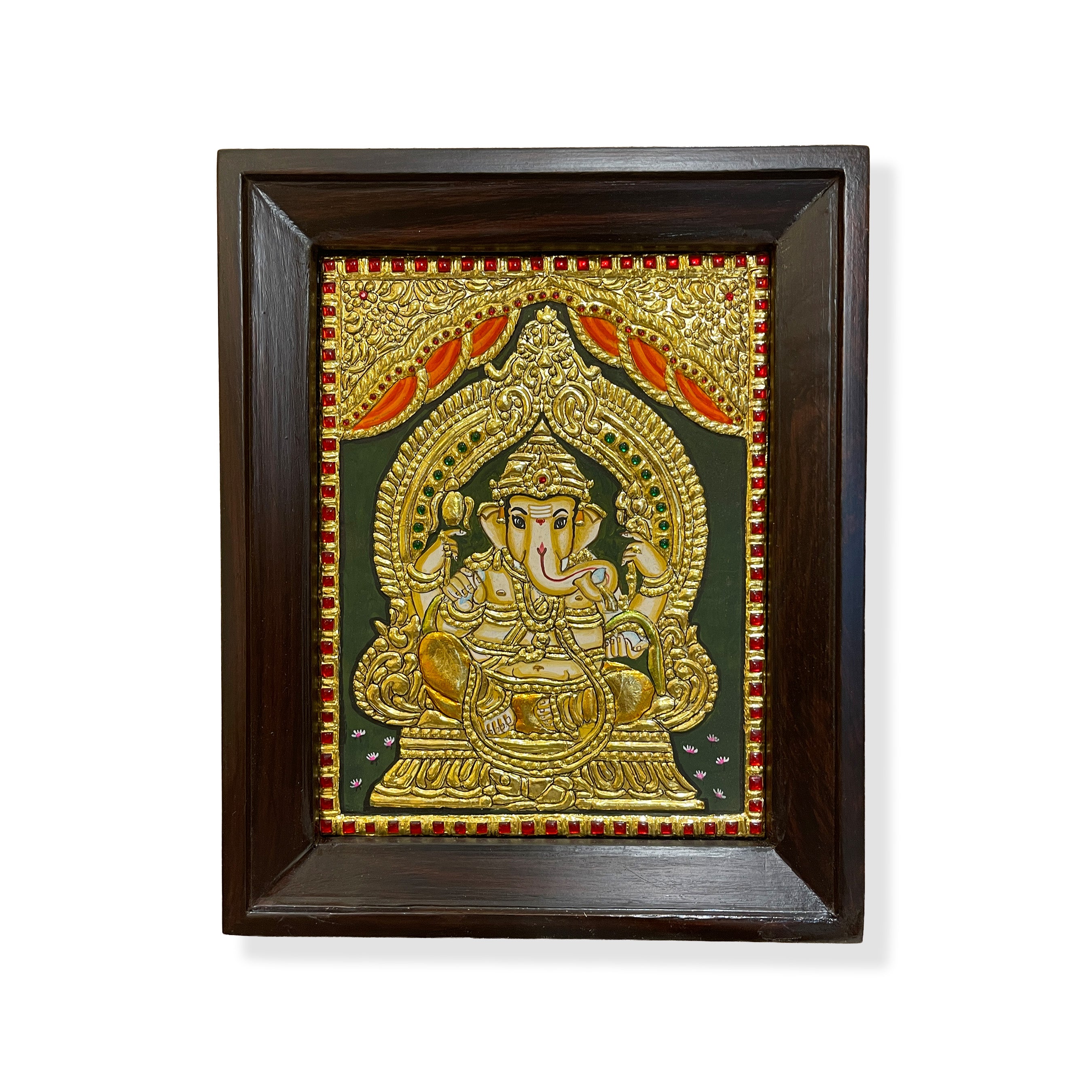 Lord Ganesha Tanjore Painting | Rosewood Frame | Luxury Pooja Room Wall Art