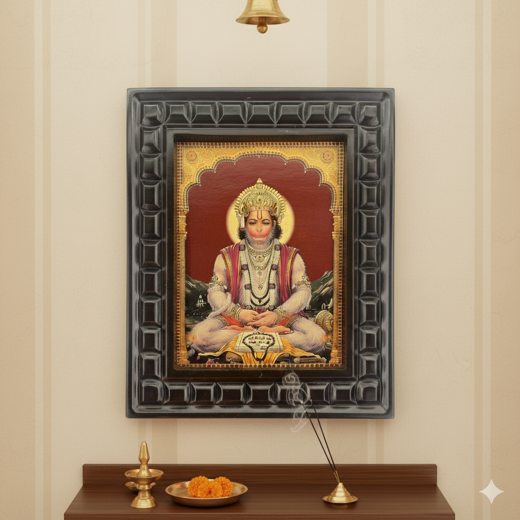 Hanuman Meditating Gold foiled artwork in wooden frame