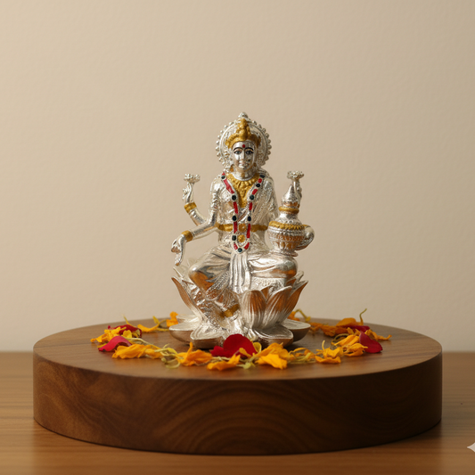 Silver Lakshmi Idol Seated on a Lotus