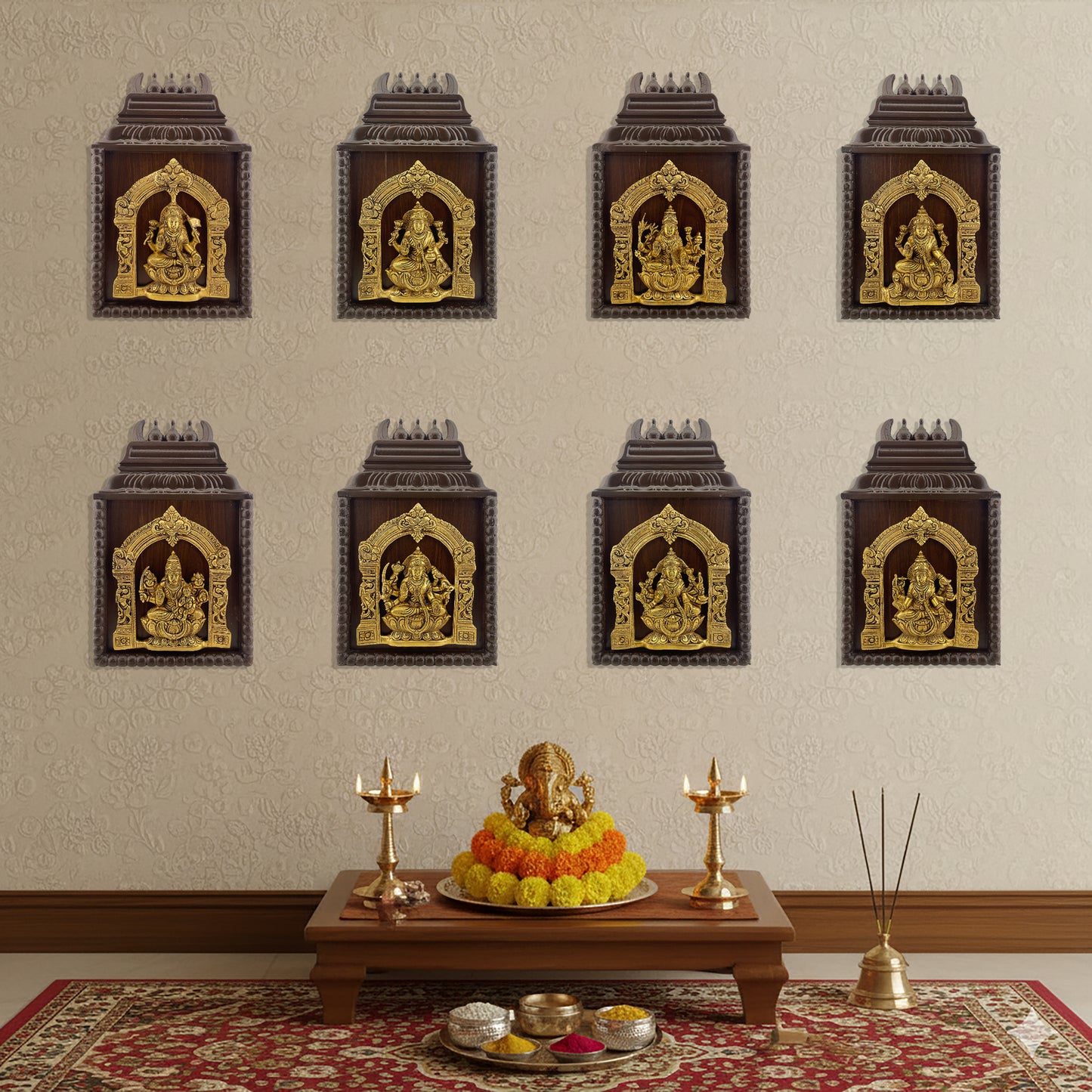 Brass Astalakshmi with Temple Wooden Frame