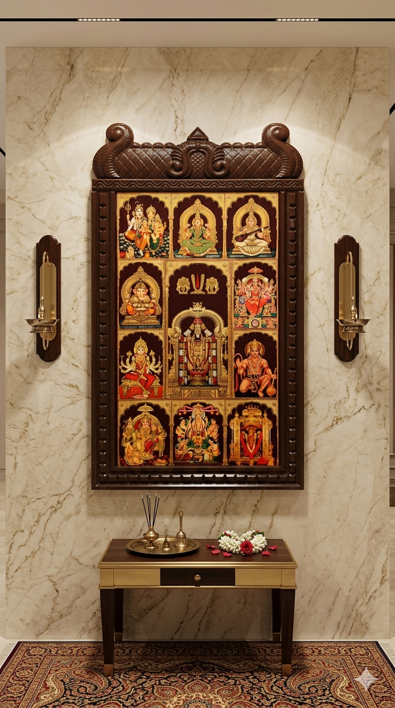 Gold-Leafed 11 Gods in One Frame – Tirupati Balaji, Shiva Parivaar, Lakshmi, Saraswati, Temple-Style Pooja Room Digital Artwork