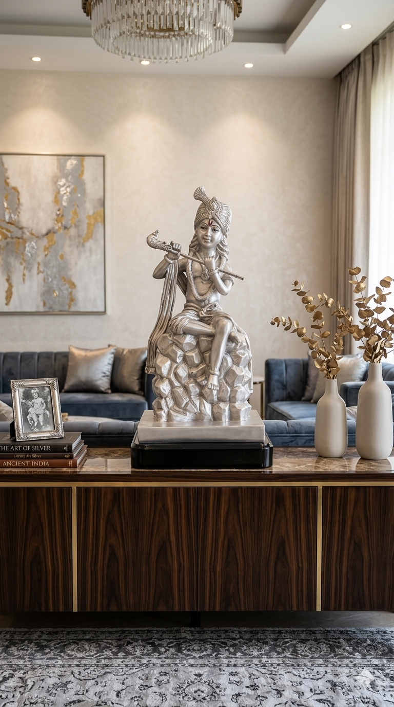 Silver Krishna Idol | 14 Inch Premium , Estudio Decor Statue for Home & Pooja Room