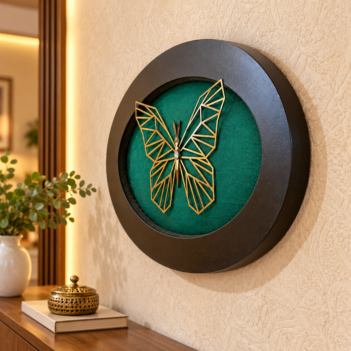 Butterfly Metal Wall Art on Green Silk | Engineered Waterproof Wooden Frame | Luxury Home Decor by Estudio