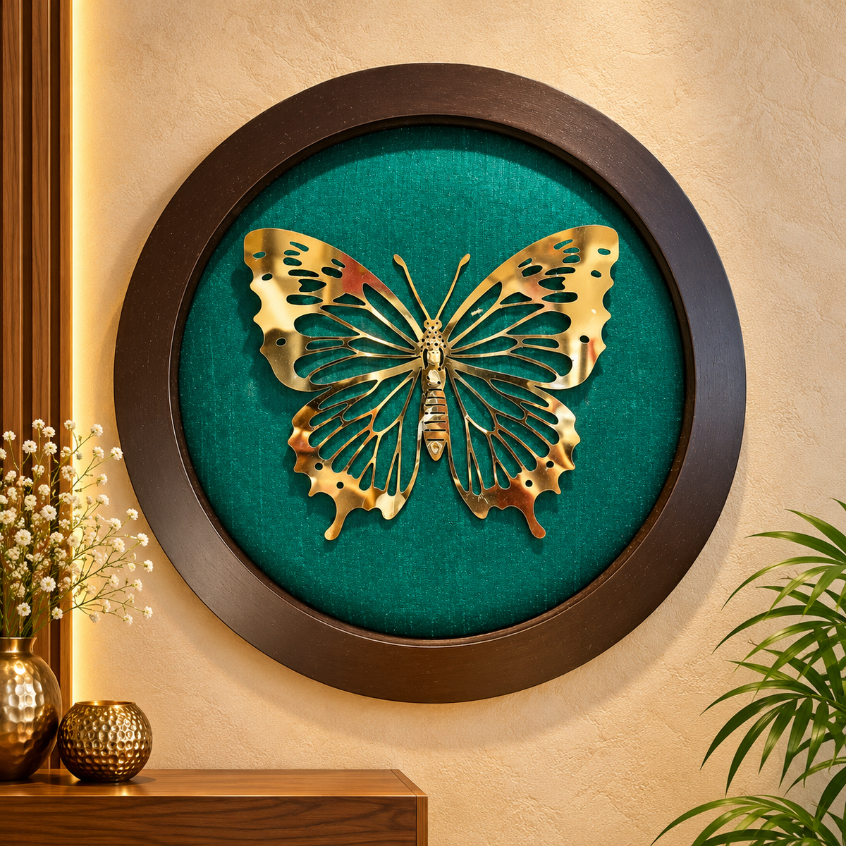 Luxury Golden Metal Butterfly Wall Art with Green Silk Backdrop