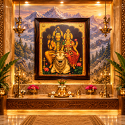 Shiva Parvati Gold Leaf Art with Nandi | Luxury Pooja Room Décor | Premium Rosewood Frame | Made by Estudio