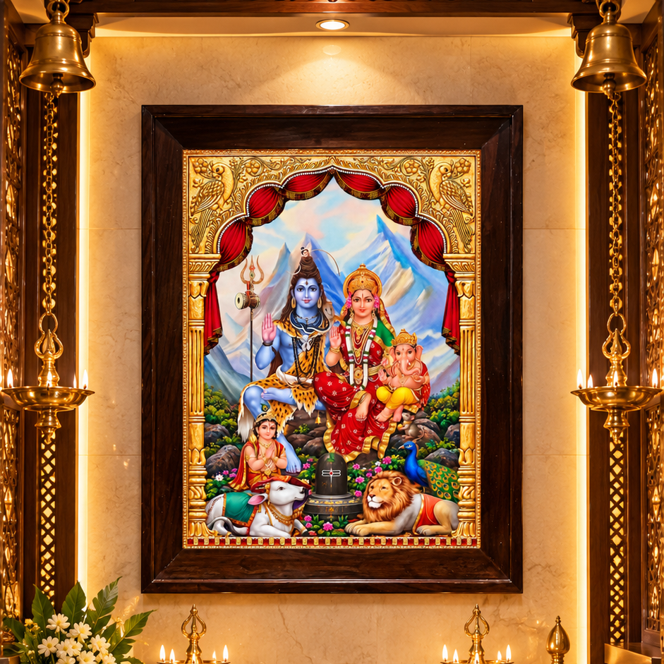 Shiva Parivar Gold Leaf Art | Premium Rosewood Frame | 18L × 25H Inches