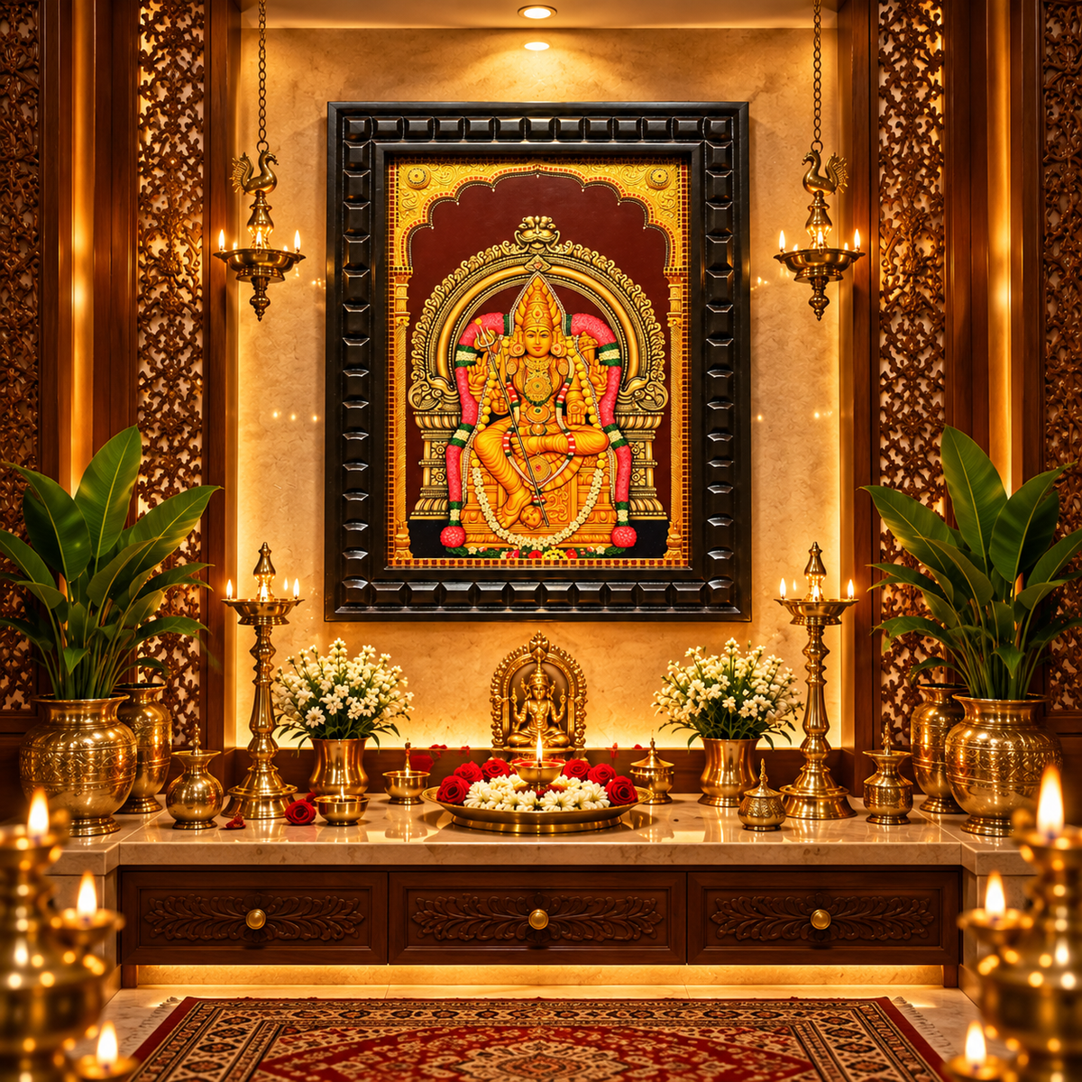 Goddess Abirami Meenakshi Amman Gold Leaf Art | Premium Waterproof Engineered Wooden Frame | Divine Pooja Room Wall Art | Made by Estudio
