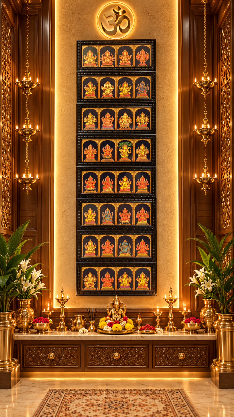 32 Forms of Lord Ganesha Gold Leaf Art | Set of 7 Waterproof Wooden Frames | Luxury Pooja Room Décor – Estudio