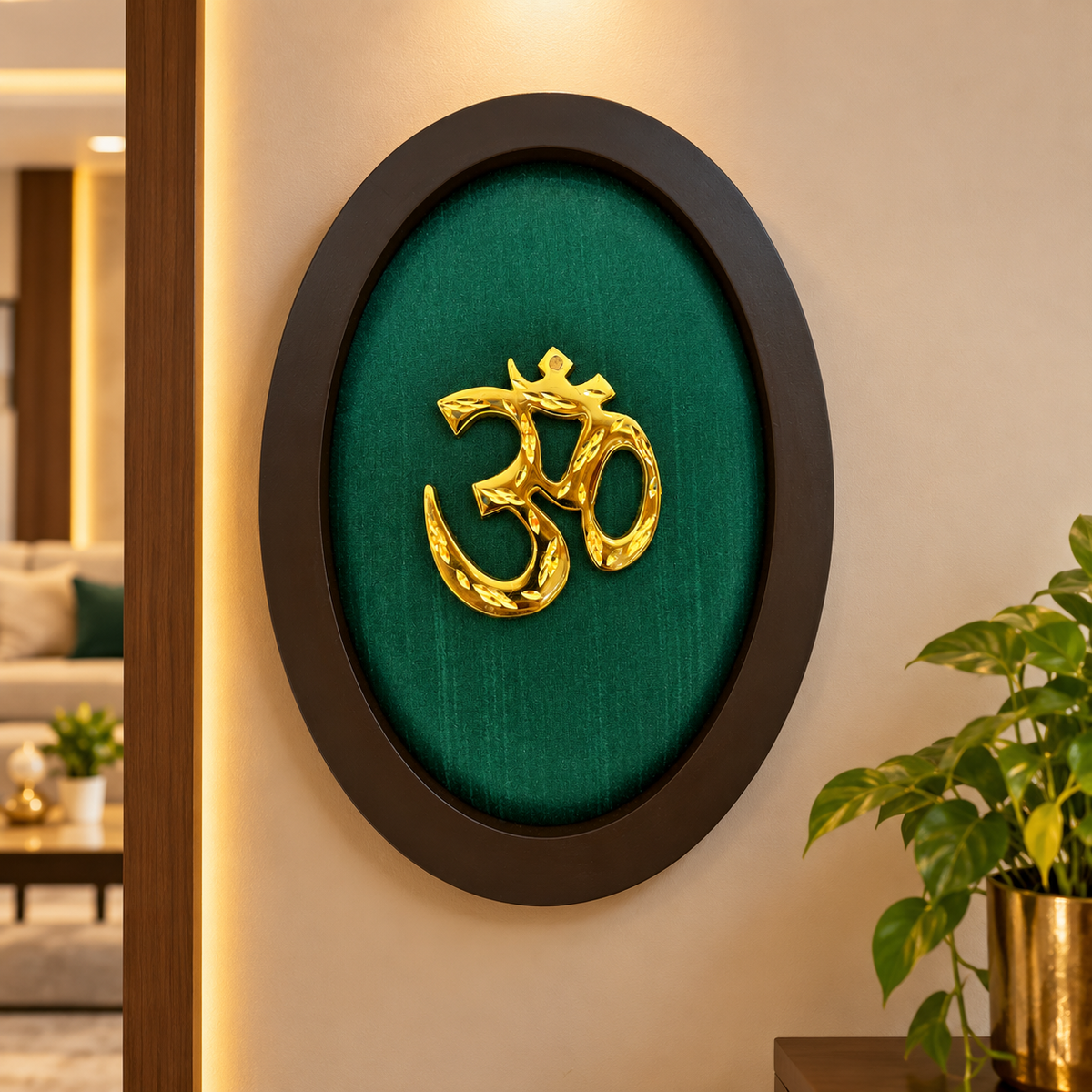 Om Metal Wall Art with Premium Engineered Wooden Frame | Golden Om Symbol on Green Silk | Spiritual Home & Pooja Room Décor | Made by ESTUDIO