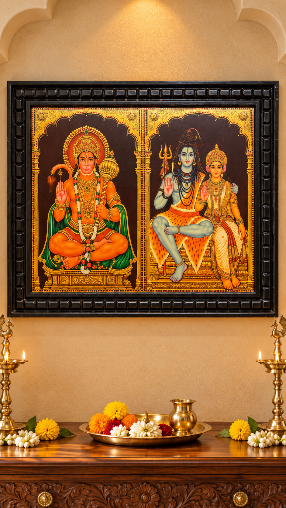 Hanuman & Shiva Parvati Gold Leaf Art | 19 × 30 Inch Frame | Estudio