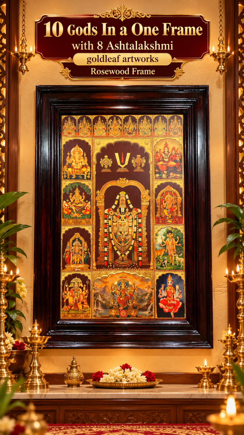 10 Gods in One Frame with 8 Ashtalakshmi | Gold Leaf Artwork in Premium Rosewood Frame | Made by Estudio
