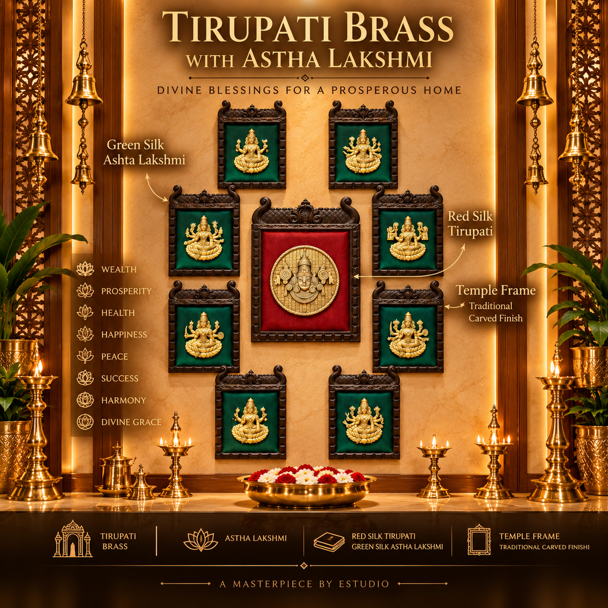 Temple Frame Tirupati Brass & Green Ashta Lakshmi 9 Frame Set | Red Silk Festive Wall Decor | Made by ESTUDIO