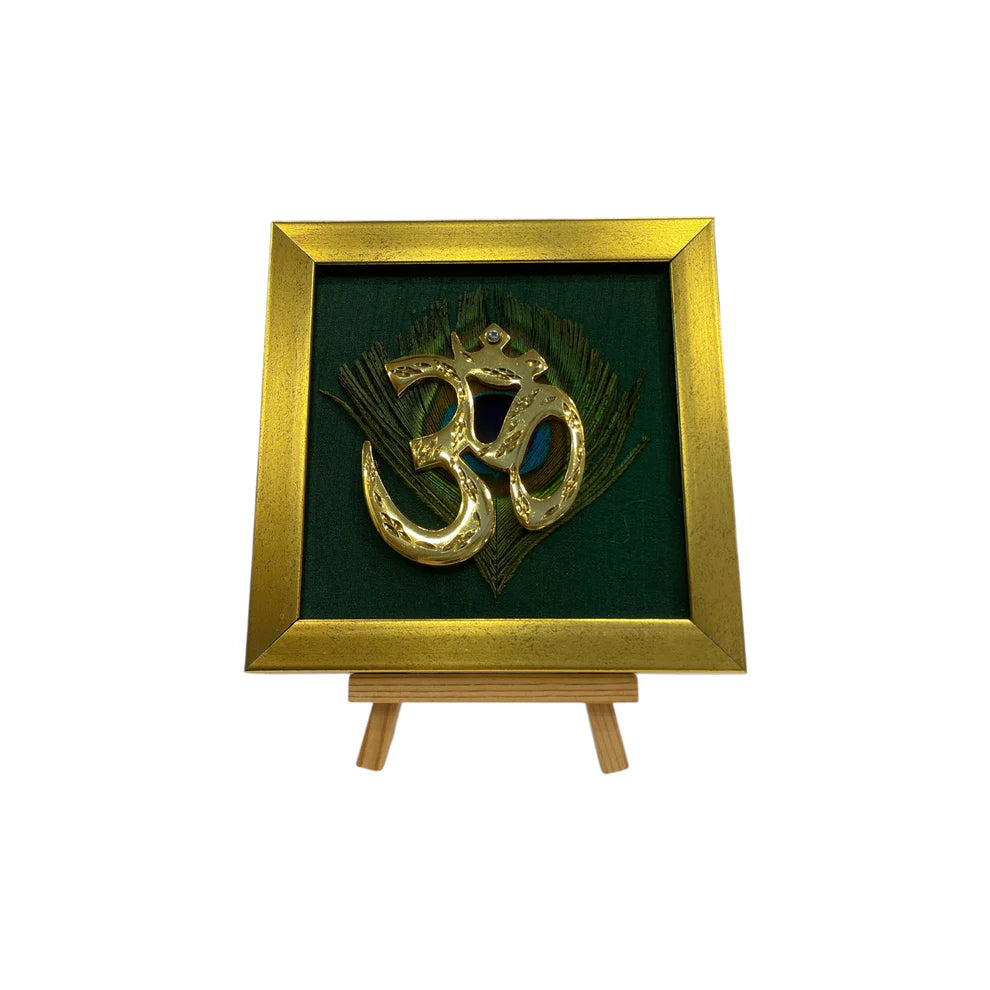 Brass Om on Peacock Feather & Violet Silk with display stand