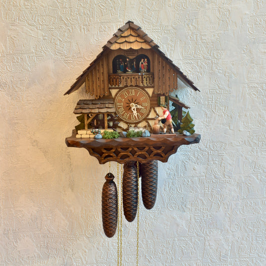Musical mechanical cuckoo clock - with wood cutter and German farm dance moving parts - 8 day movement
