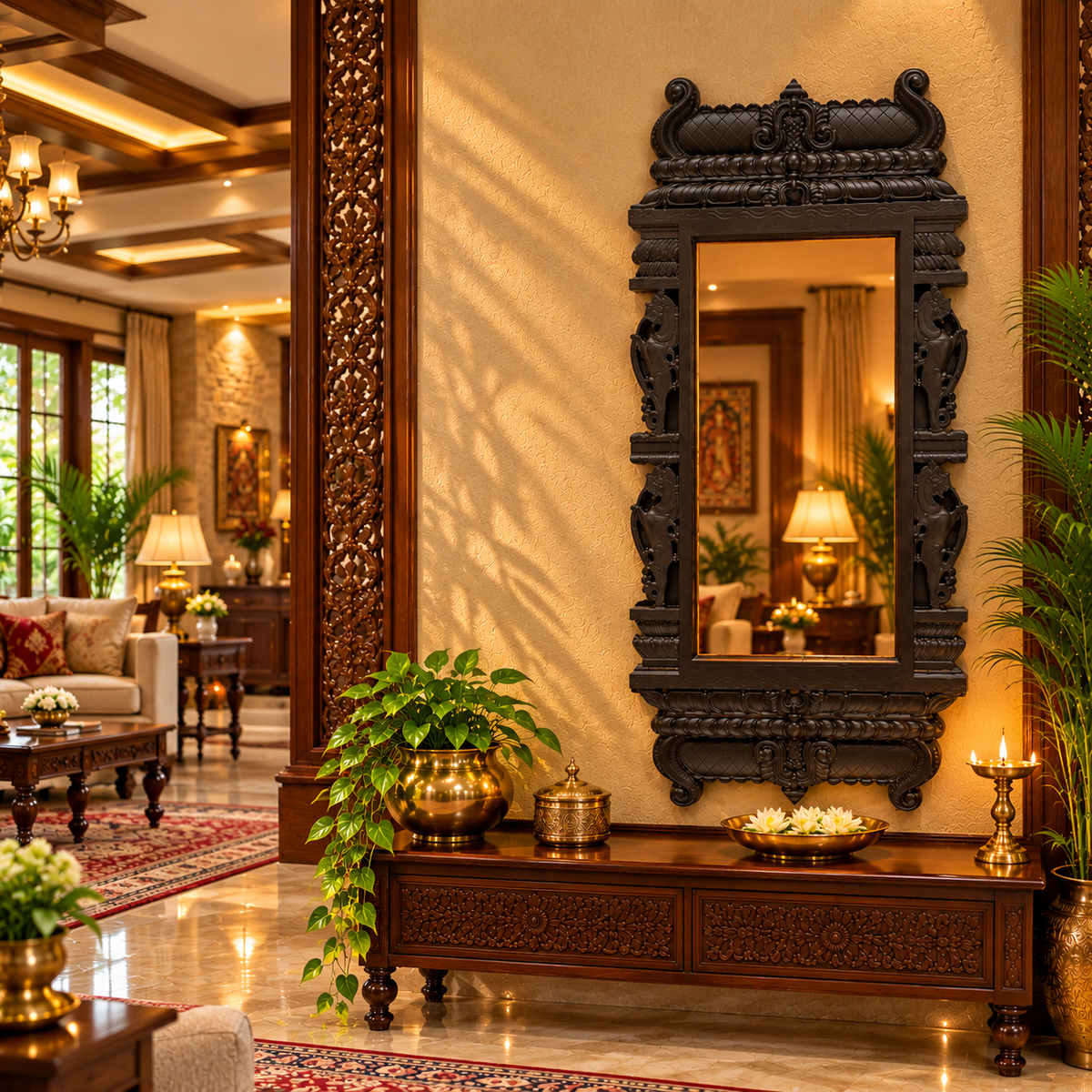 Copper Acrylic Mirror with Yali-Inspired Temple Frame | Traditional Wall Mirror in Waterproof Engineered Wood | ESTUDIO