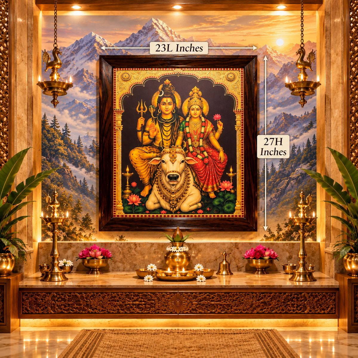 Shiva Parvati Gold Leaf Art with Nandi | Luxury Pooja Room Décor | Premium Rosewood Frame | Made by Estudio
