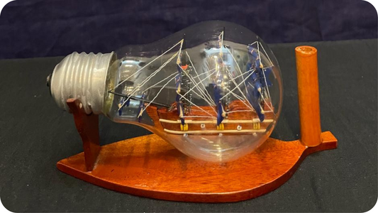 Hand Made Wooden Miniature Ship In Light Bulb (blue)