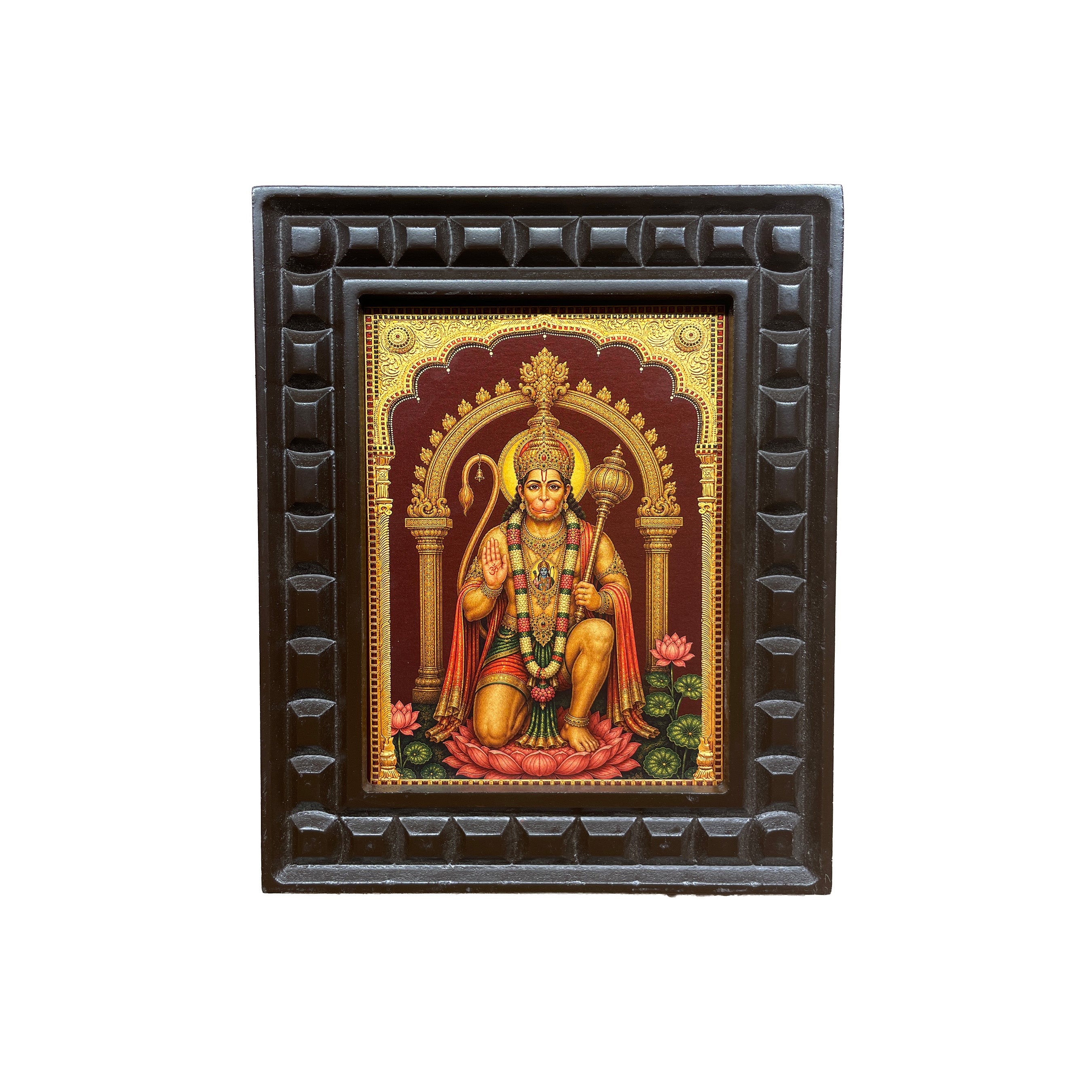 Hanuman Gold Leaf Artwork | Engineered Wooden Frame | Luxury Pooja Room & Living Hall Wall Art
