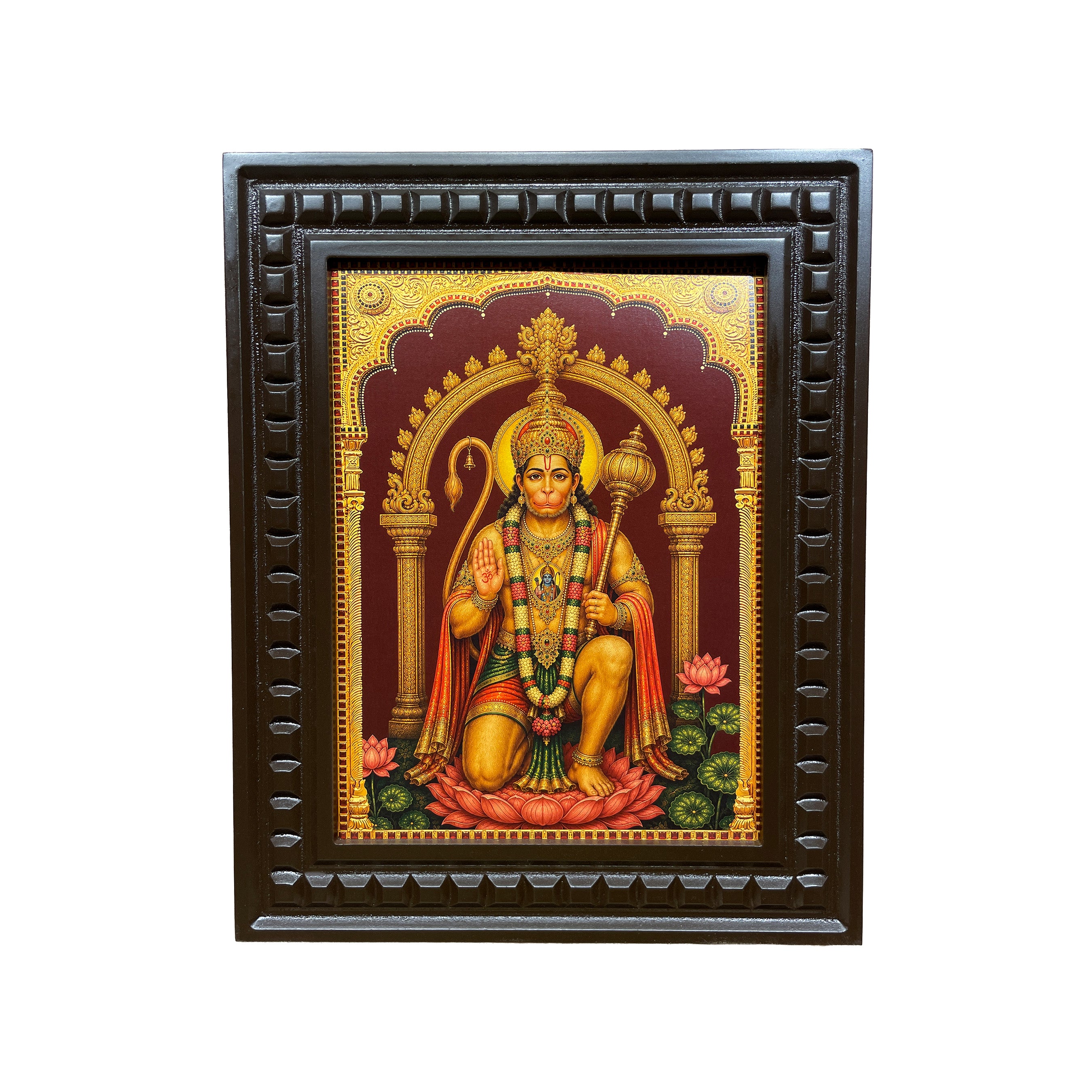 Hanuman Gold Leaf Artwork | Engineered Wooden Frame | Luxury Pooja Room & Living Hall Wall Art