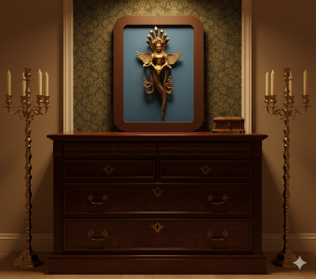 Brass NagaKanya with Blue Silk in Wooden Frame