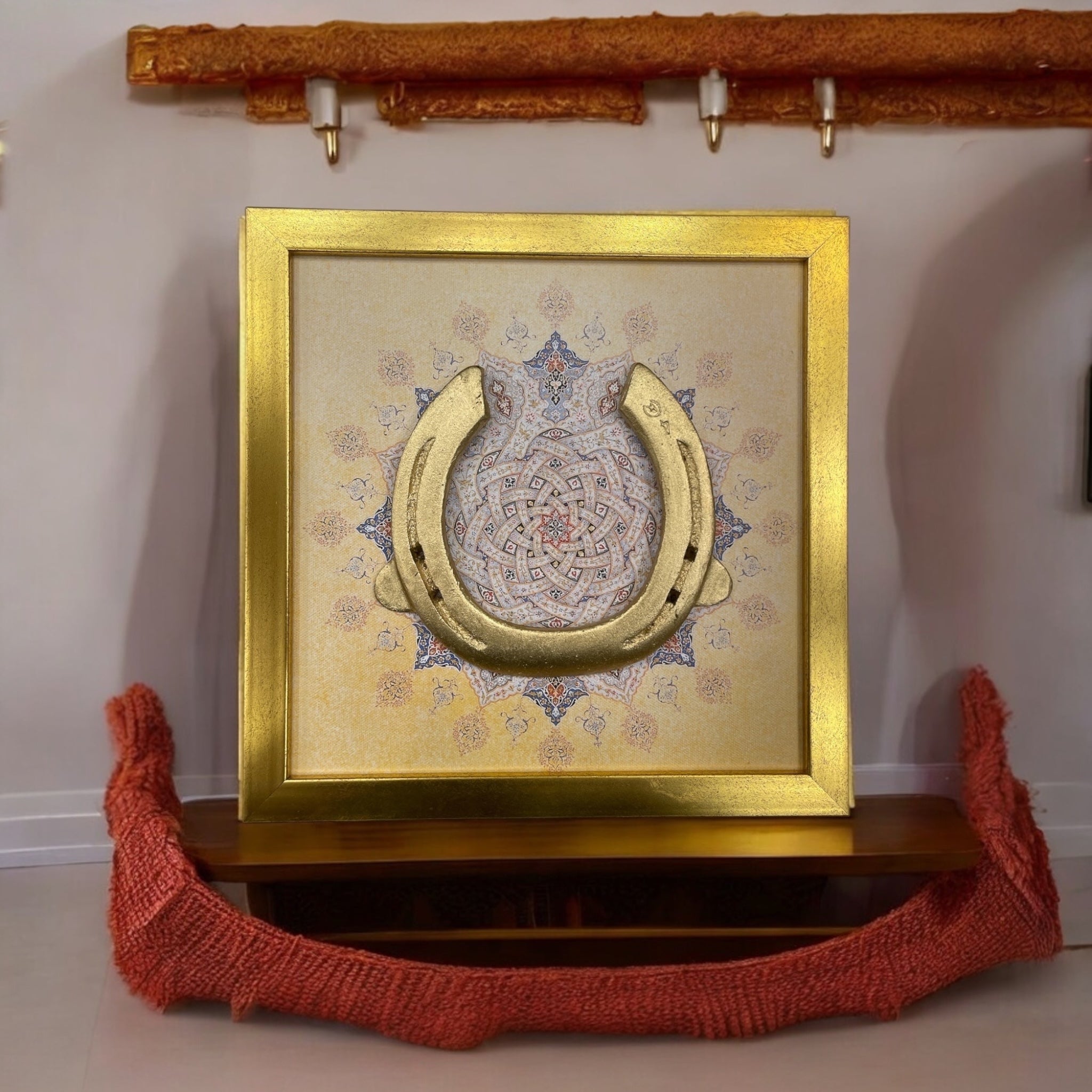 Good Luck Brass Horse shoe with Mandala Backdrop in Gold Frame