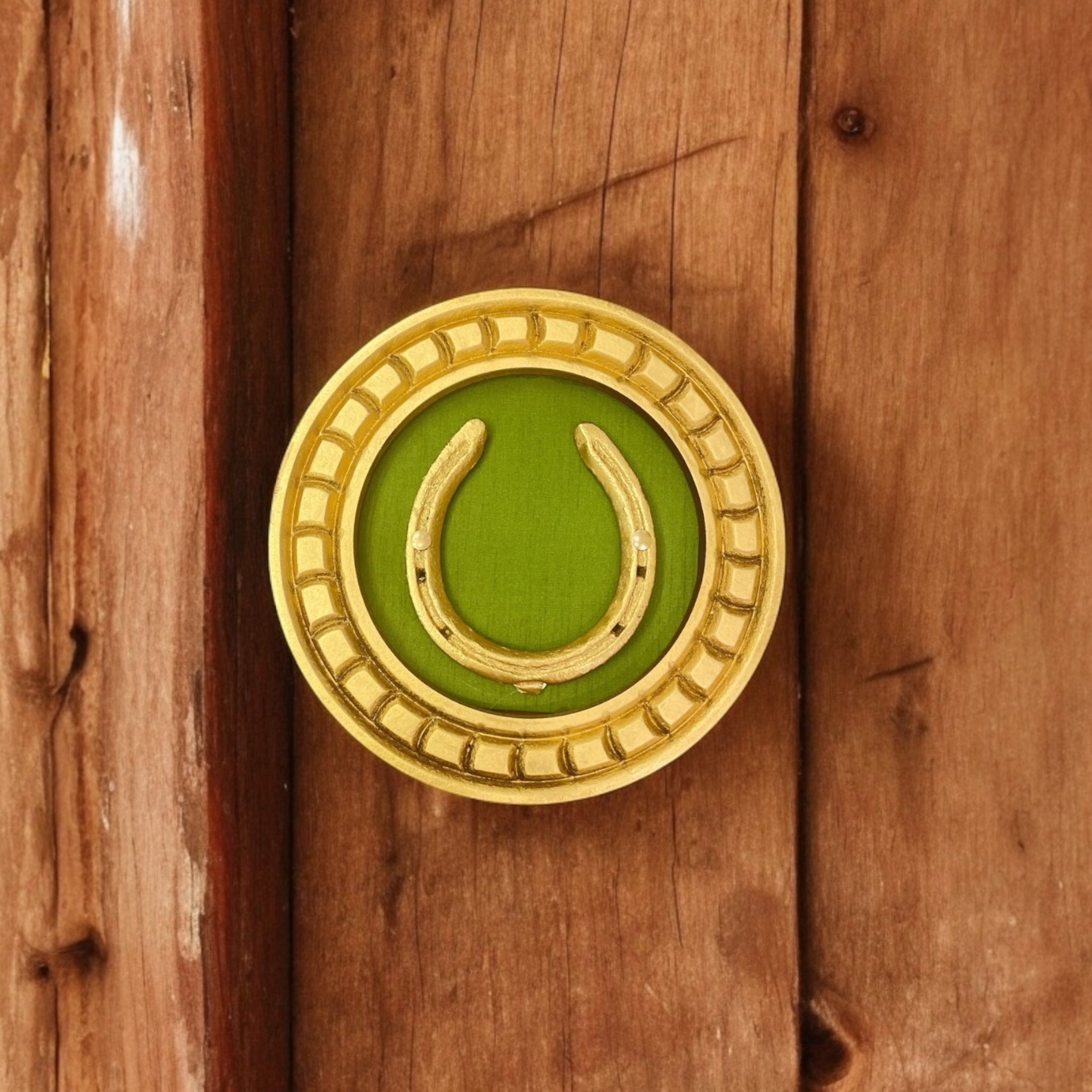 Good Luck Horse Shoe Natural Green silk backdrop carved circular Golden frame
