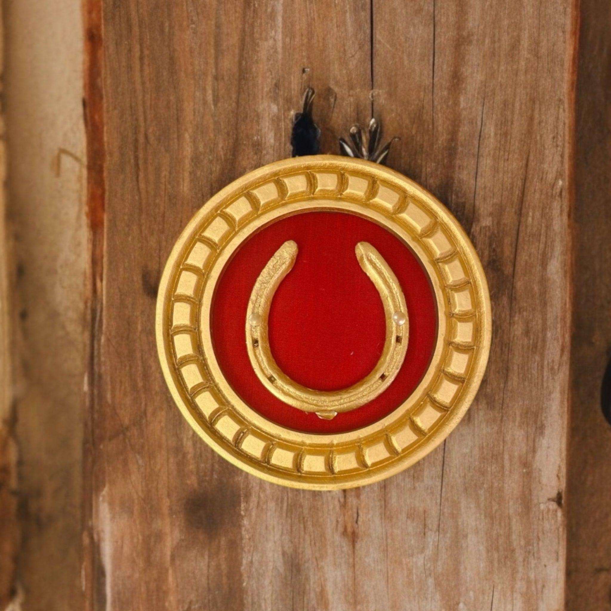 Good Luck Horse Shoe Gold with red silk backdrop carved circular Golden frame