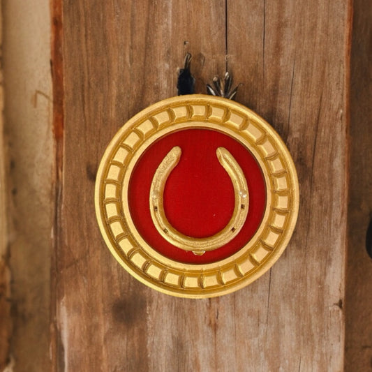 Good Luck Horse Shoe Gold with red silk backdrop carved circular Golden frame