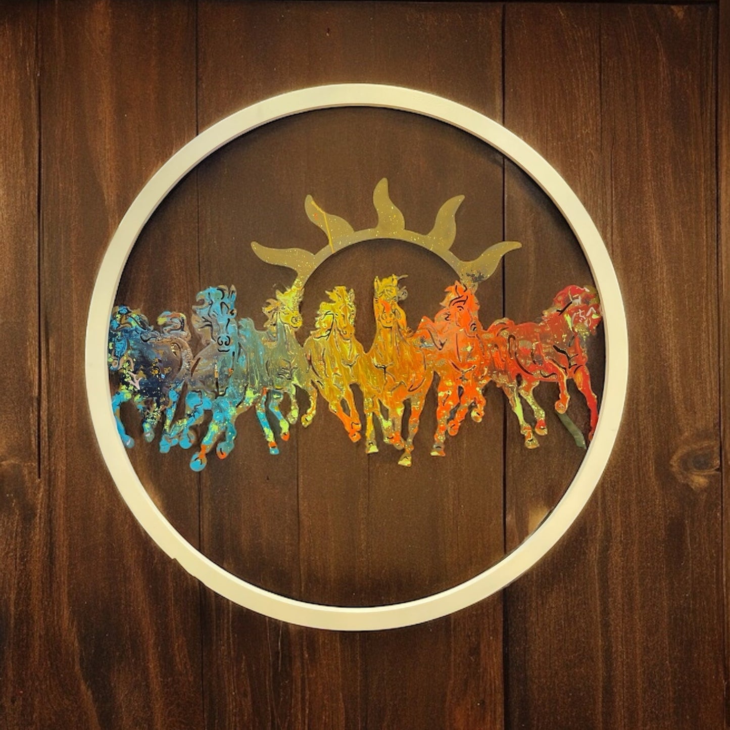 The 7 Running horse color Metal and wooden frame